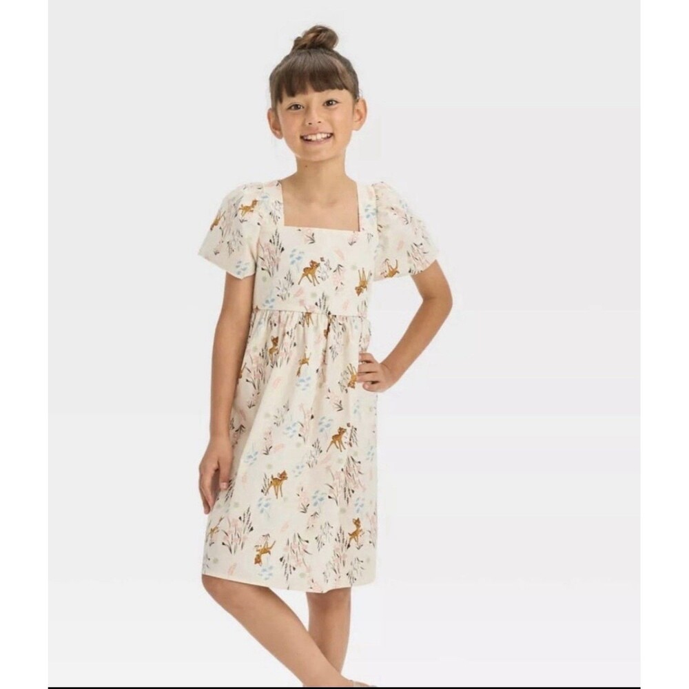 Disney Girls Bambi Dress Sz XL 14 Ivory Animal Floral Cottagecore Smocked